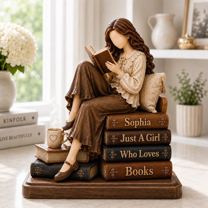Custom Just A Girl Who Loves Books Wooden Block, Reading Girl Statue, Book Lover Gift, Library Decor