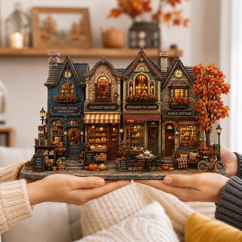 Autumn Village Wooden Block, Cozy Fall Miniature Street Decor, Rustic Pumpkin Harvest Display