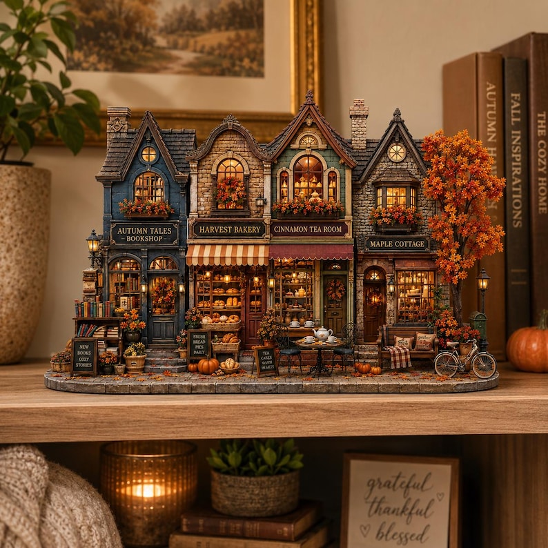 Autumn Village Wooden Block, Cozy Fall Miniature Street Decor, Rustic Pumpkin Harvest Display