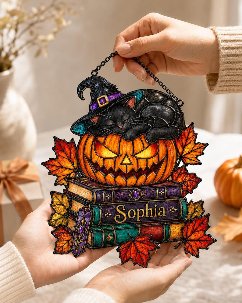 Personalized Witch Cat Pumpkin Acrylic Suncatcher, Halloween Suncatcher, Black Cat Acrylic Art, Reading Gift, Book Lover Gift