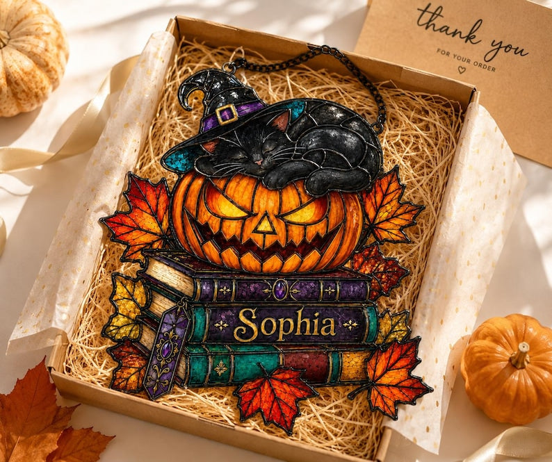 Personalized Witch Cat Pumpkin Acrylic Suncatcher, Halloween Suncatcher, Black Cat Acrylic Art, Reading Gift, Book Lover Gift