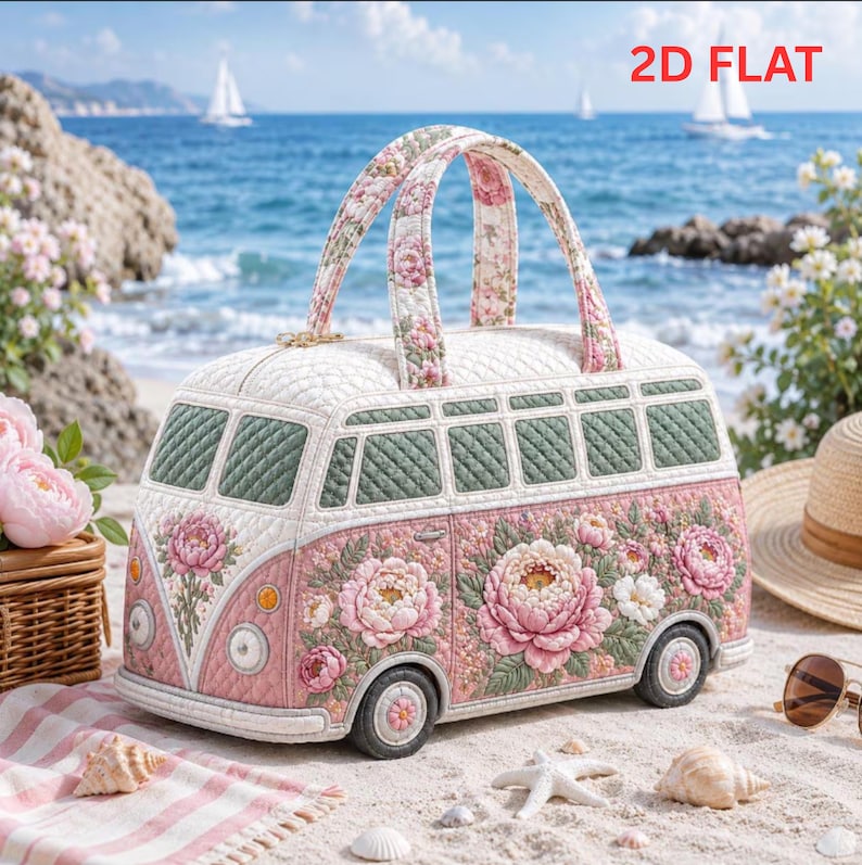 Quilted Bus Bag, Floral Beach Weekender Tote, Pink Camper Van Travel Bag, Summer Vacation Gift