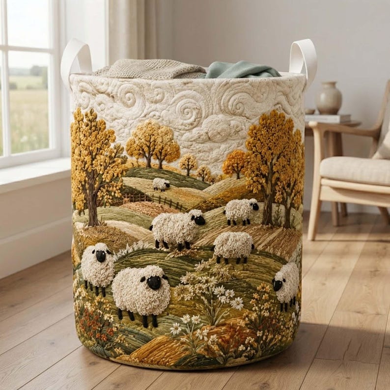 Sheep Heaven Quilted Laundry Basket, Countryside Farmhouse Hamper, Cute Sheep Storage Bin