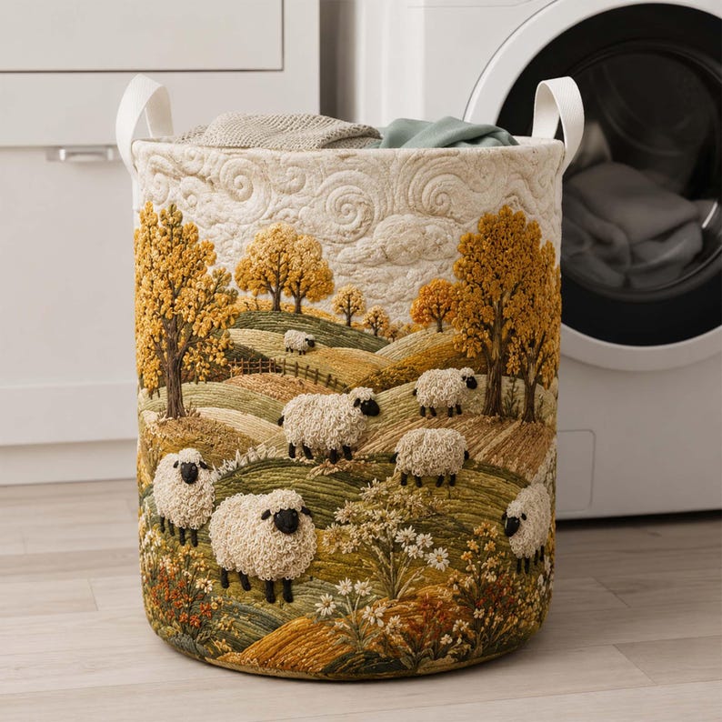 Sheep Heaven Quilted Laundry Basket, Countryside Farmhouse Hamper, Cute Sheep Storage Bin