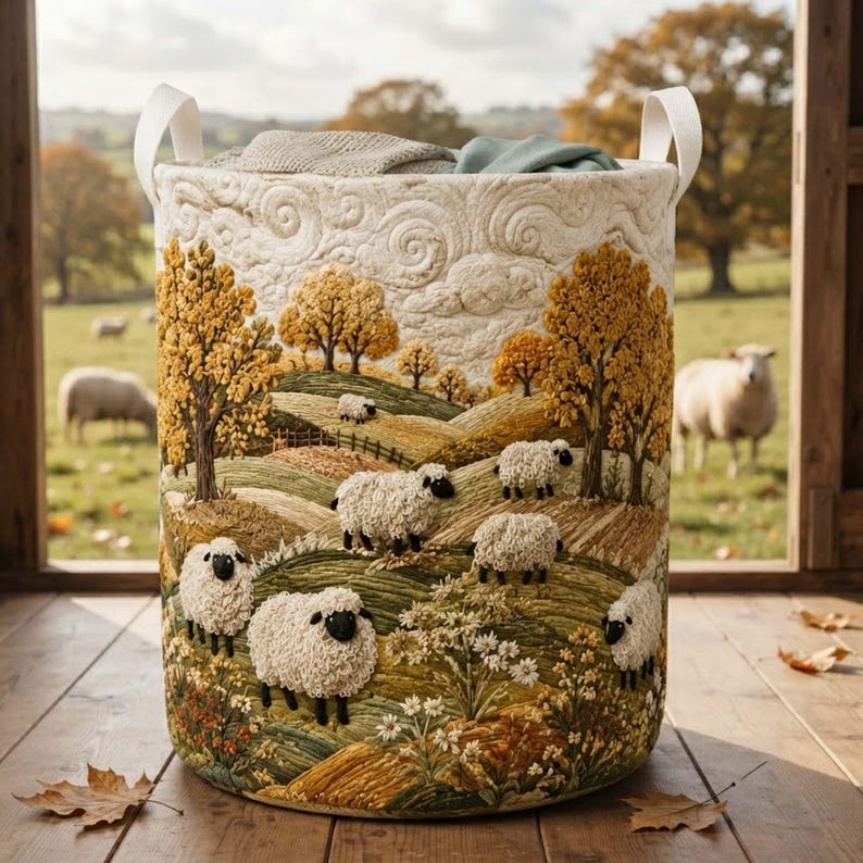 Sheep Heaven Quilted Laundry Basket, Countryside Farmhouse Hamper, Cute Sheep Storage Bin