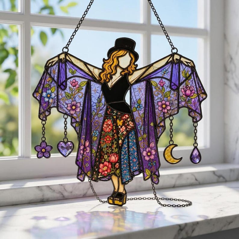 Stevie Nicks Inspired Acrylic Suncatcher, Witchy Window Hanging, Faux Stained Glass Decor