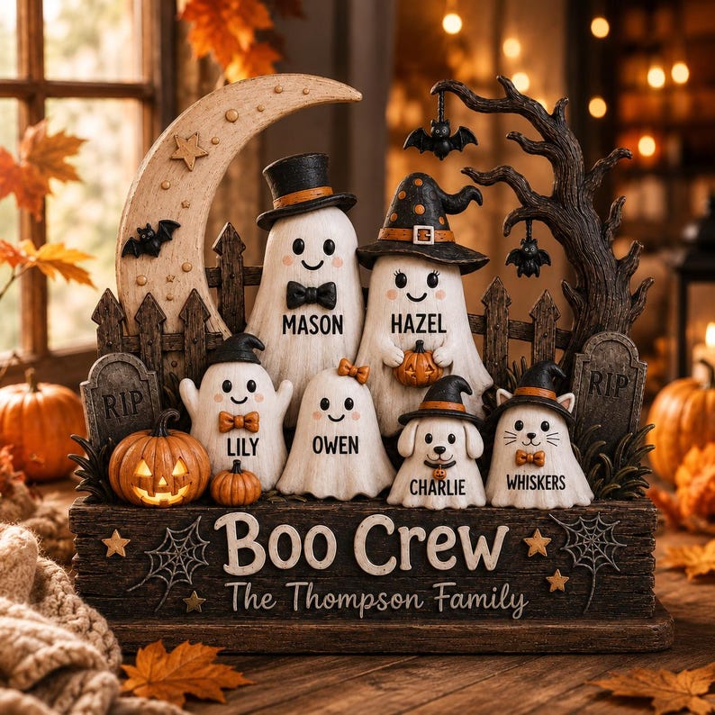 Personalized Halloween Gang Wood Sign, 3D Layered Ghost Family Decor With Custom Names, Crescent Moon Shelf Sitter