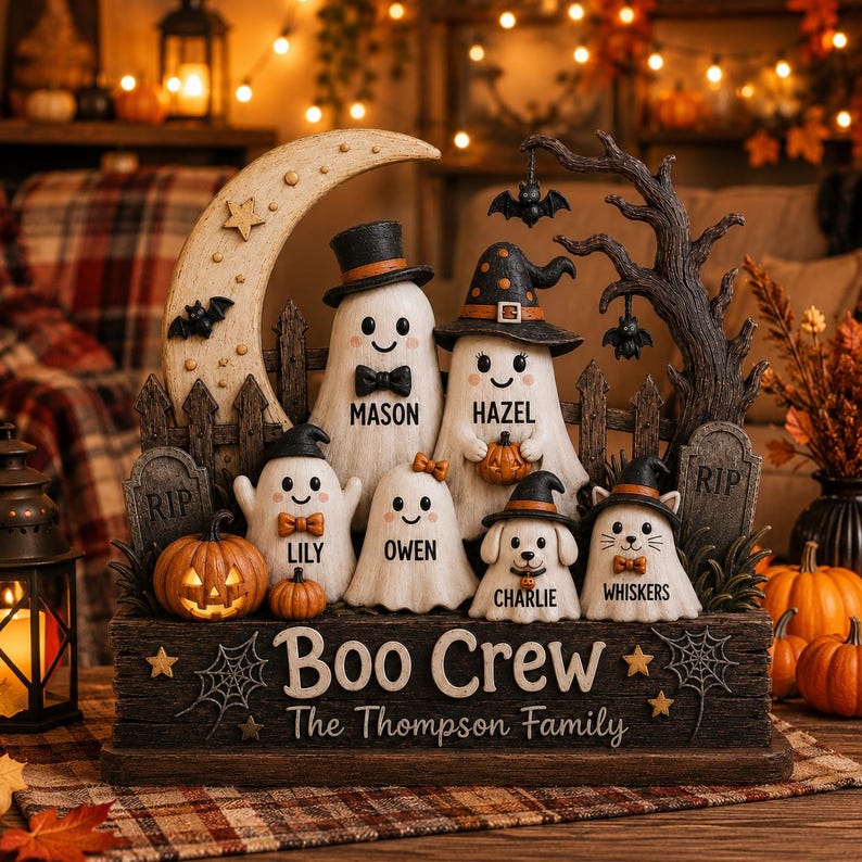 Personalized Halloween Gang Wood Sign, 3D Layered Ghost Family Decor With Custom Names, Crescent Moon Shelf Sitter