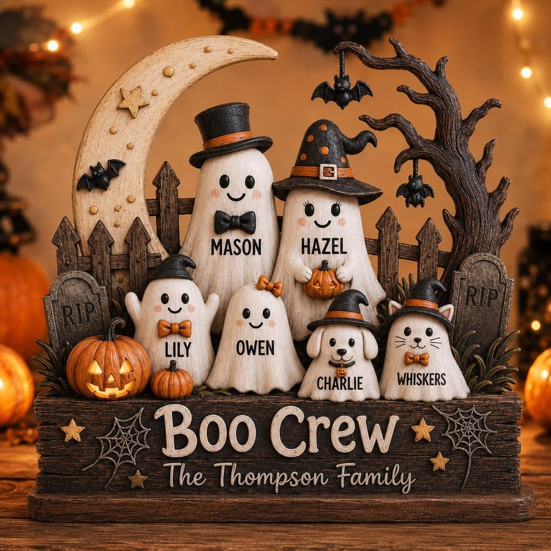 Personalized Halloween Gang Wood Sign, 3D Layered Ghost Family Decor With Custom Names, Crescent Moon Shelf Sitter