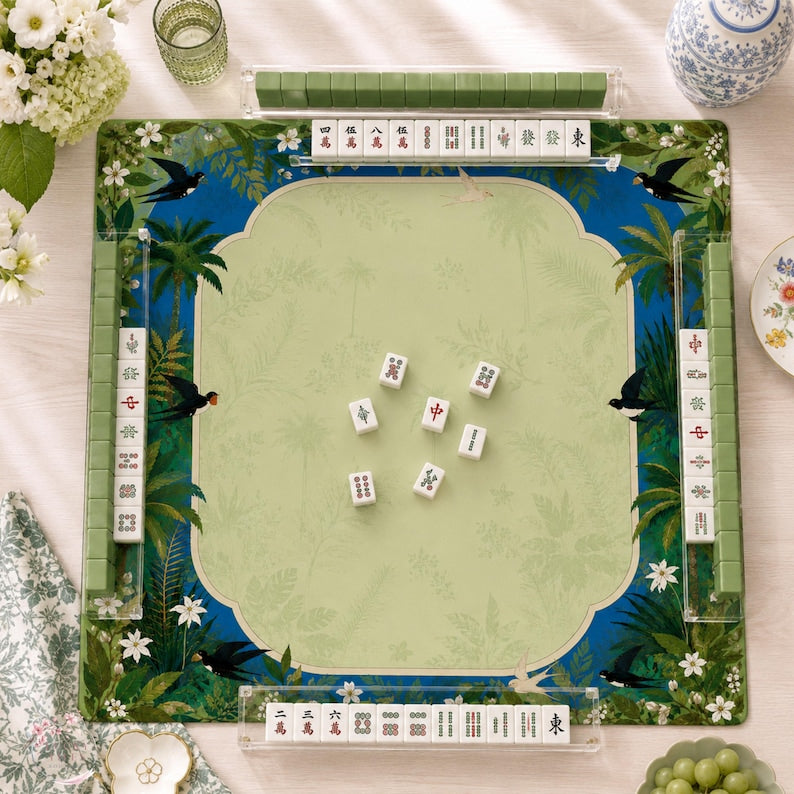 The Green Spring Swallow Mahjong Mat, American Mahjong Mat, Palm Garden Bird Mat, Chinoiserie Floral Mahjong Gift