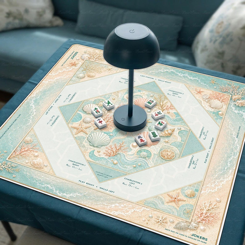 Coastal Seashell Mahjong Mat with Rules, Mother of Pearl, Coral Beach Hostess Gift, Non Slip Cover