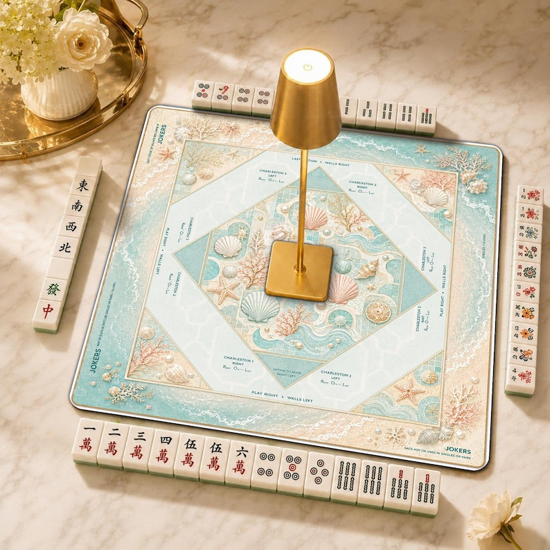 Coastal Seashell Mahjong Mat with Rules, Mother of Pearl, Coral Beach Hostess Gift, Non Slip Cover