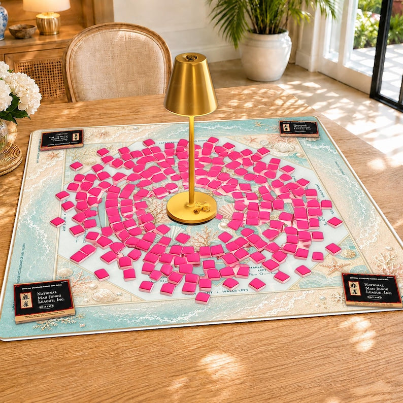 Coastal Seashell Mahjong Mat with Rules, Mother of Pearl, Coral Beach Hostess Gift, Non Slip Cover