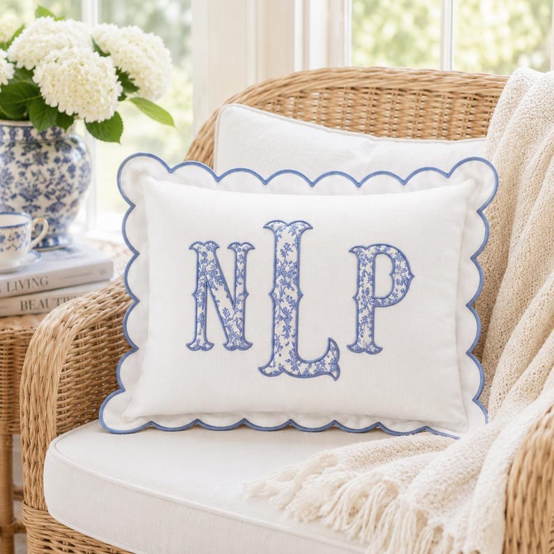 Personalized Monogram Pillow Cover, Custom Embroidered Initial Pillow, Scalloped Trim Pillowcase, Dorm Room Pillow