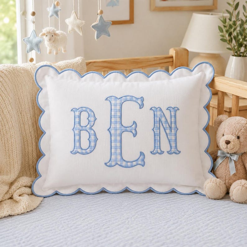 Personalized Monogram Pillow Cover, Custom Embroidered Initial Pillow, Scalloped Trim Pillowcase, Dorm Room Pillow