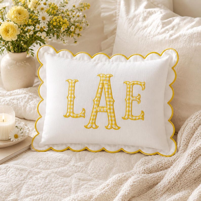 Personalized Monogram Pillow Cover, Custom Embroidered Initial Pillow, Scalloped Trim Pillowcase, Dorm Room Pillow