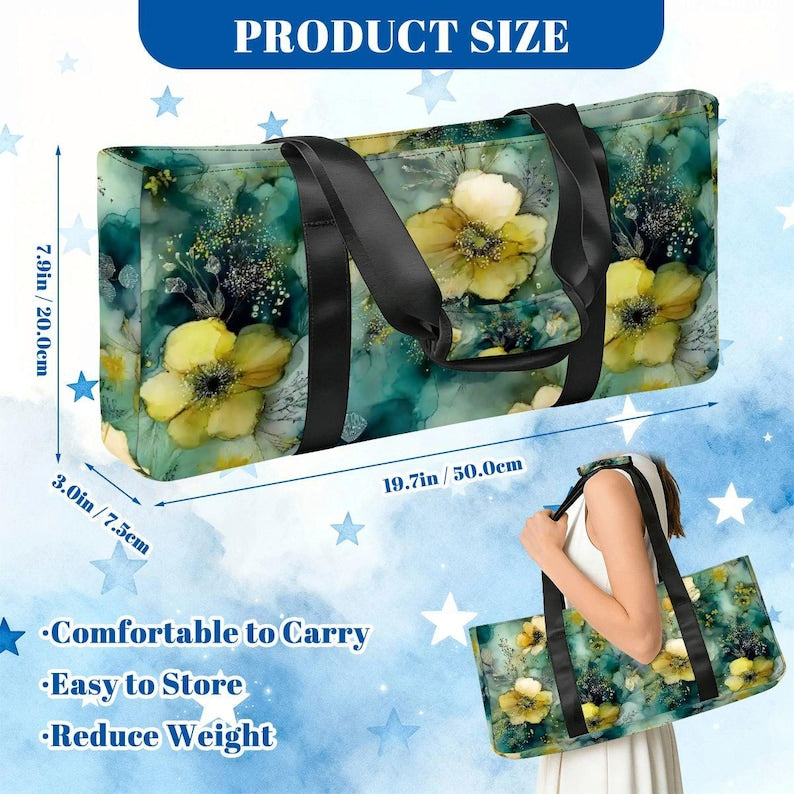 Misty Wildflower Mahjong Bag Set, Floral Mahjong Storage Bag, Blue Green Mahjong Tote, Yellow Flower Mahjong Tile Bag