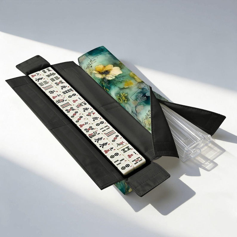 Misty Wildflower Mahjong Bag Set, Floral Mahjong Storage Bag, Blue Green Mahjong Tote, Yellow Flower Mahjong Tile Bag
