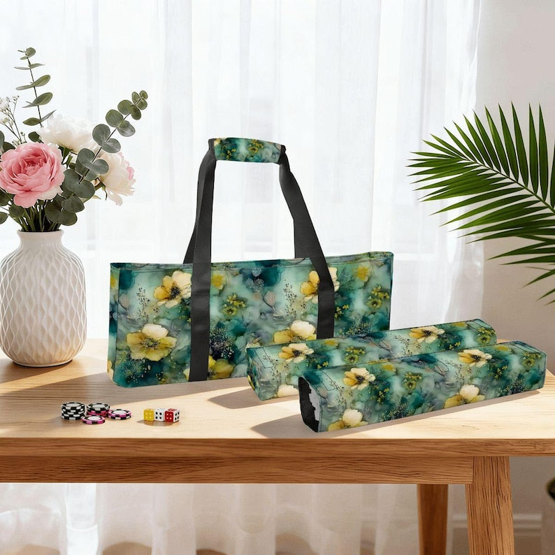 Misty Wildflower Mahjong Bag Set, Floral Mahjong Storage Bag, Blue Green Mahjong Tote, Yellow Flower Mahjong Tile Bag