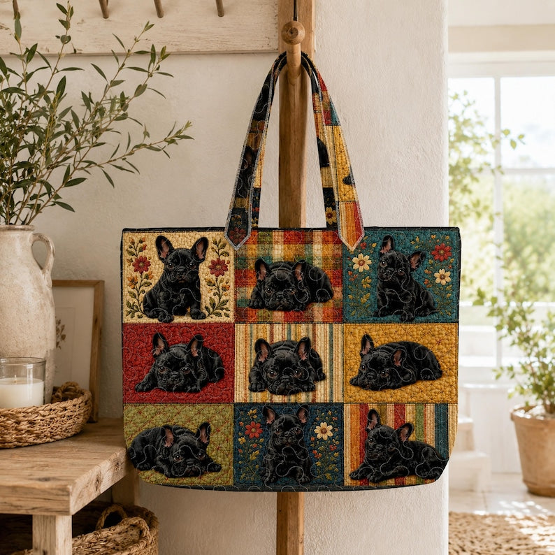 Cute French Bulldog Quilted Tote Bag, Personalized Patchwork Frenchie Handbag, Dog Tote Gift for Dog Lover