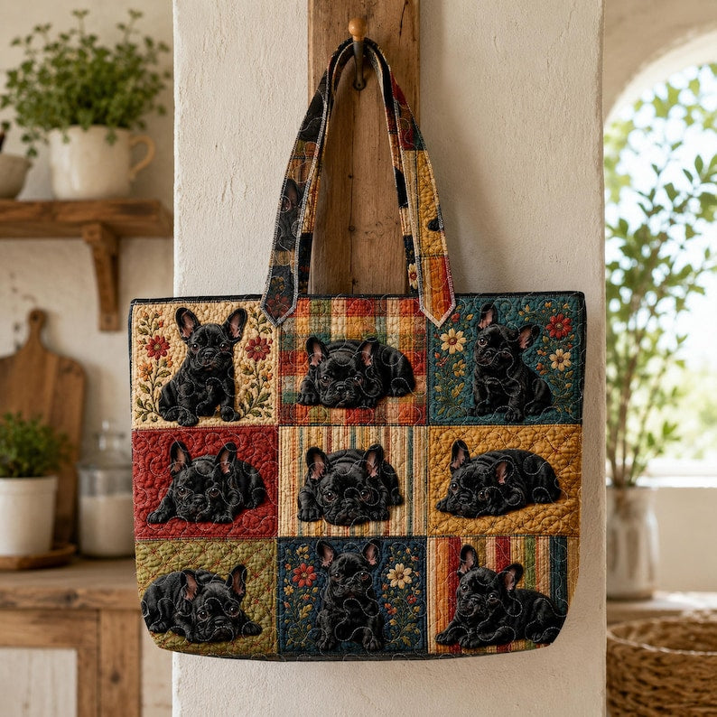 Cute French Bulldog Quilted Tote Bag, Personalized Patchwork Frenchie Handbag, Dog Tote Gift for Dog Lover