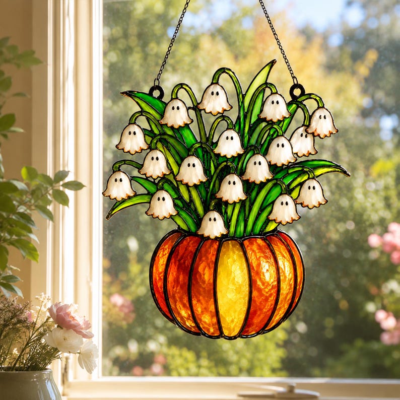 Lily of the Valley Ghost Acrylic Suncatcher, Spooky Ghost And Pumpkin Acrylic Window Hanging, Spooky Home Gift