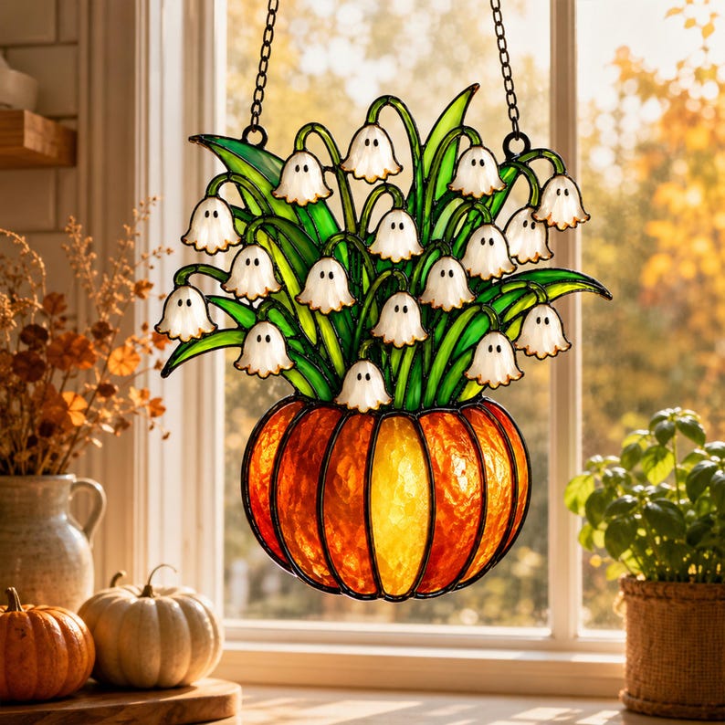 Lily of the Valley Ghost Acrylic Suncatcher, Spooky Ghost And Pumpkin Acrylic Window Hanging, Spooky Home Gift