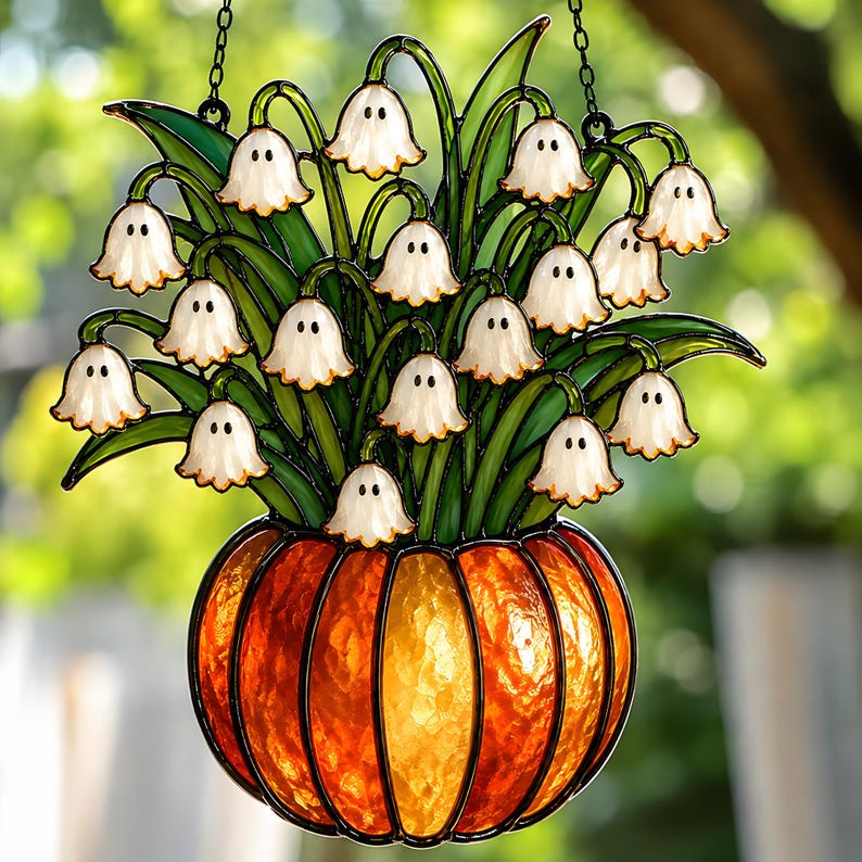 Lily of the Valley Ghost Acrylic Suncatcher, Spooky Ghost And Pumpkin Acrylic Window Hanging, Spooky Home Gift
