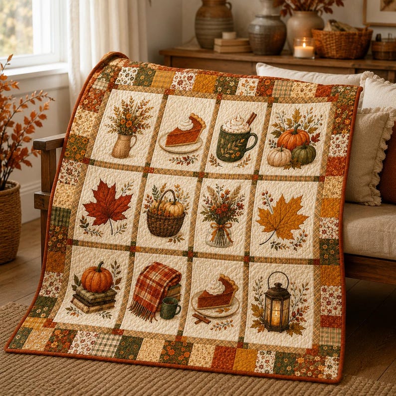 Fall Pumpkin Spice Quilt Blanket, Autumn Coffee and Pie Throw, Rustic Fall Floral Bedding, Cozy Farmhouse Decor