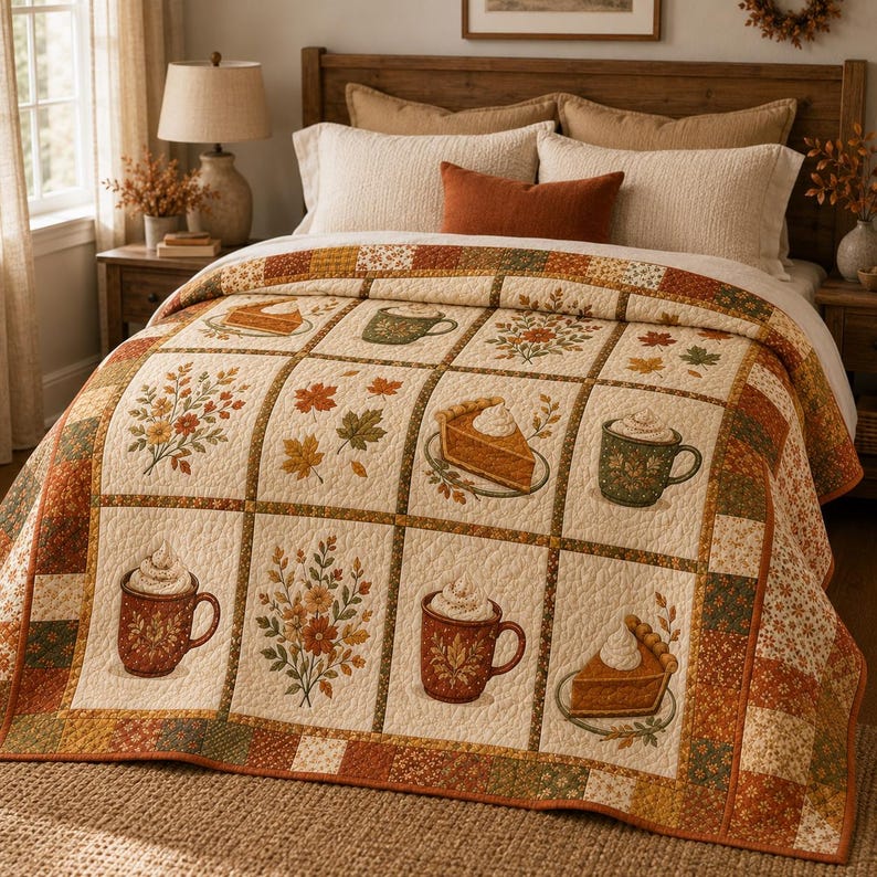 Fall Pumpkin Spice Quilt Blanket, Autumn Coffee and Pie Throw, Rustic Fall Floral Bedding, Cozy Farmhouse Decor