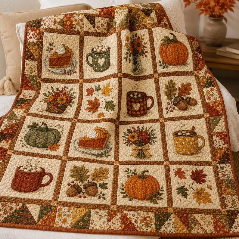 Fall Pumpkin Spice Quilt Blanket, Autumn Coffee and Pie Throw, Rustic Fall Floral Bedding, Cozy Farmhouse Decor