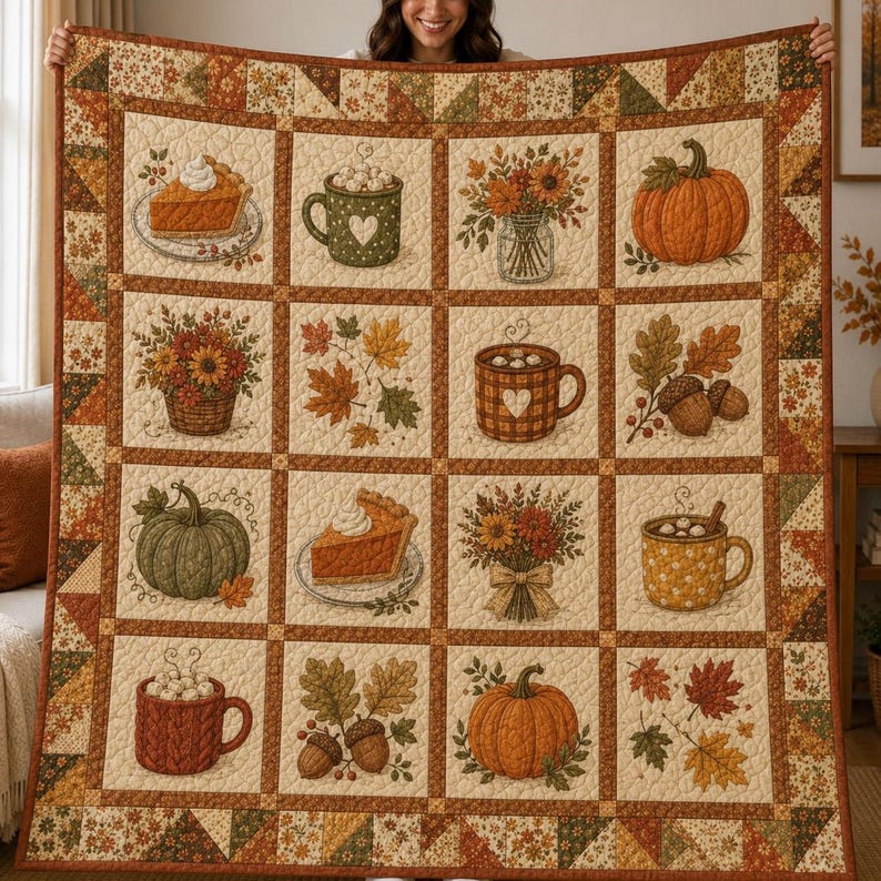 Fall Pumpkin Spice Quilt Blanket, Autumn Coffee and Pie Throw, Rustic Fall Floral Bedding, Cozy Farmhouse Decor
