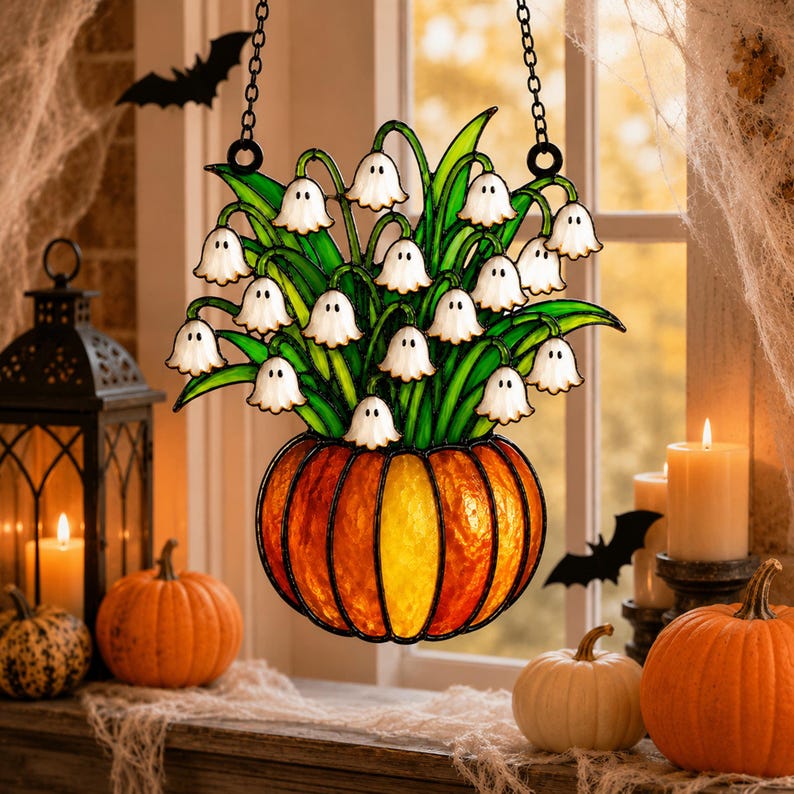 Lily of the Valley Ghost Acrylic Suncatcher, Spooky Ghost And Pumpkin Acrylic Window Hanging, Spooky Home Gift