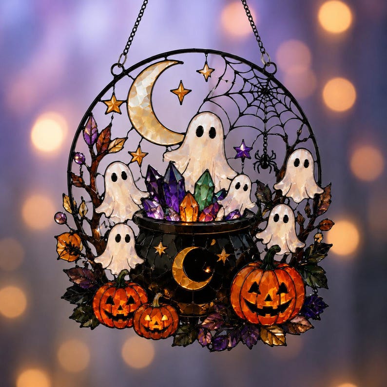 Halloween Ghost Acrylic Suncatcher, Crystal Cauldron Window Hanging, Pumpkin Moon Decor