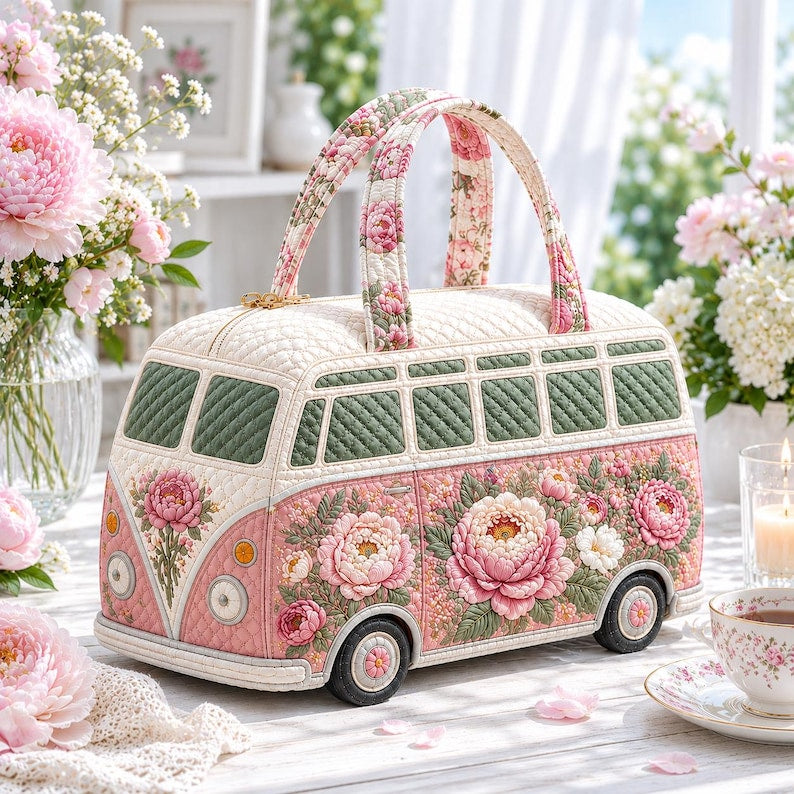 Quilted Bus Bag, Floral Beach Weekender Tote, Pink Camper Van Travel Bag, Summer Vacation Gift