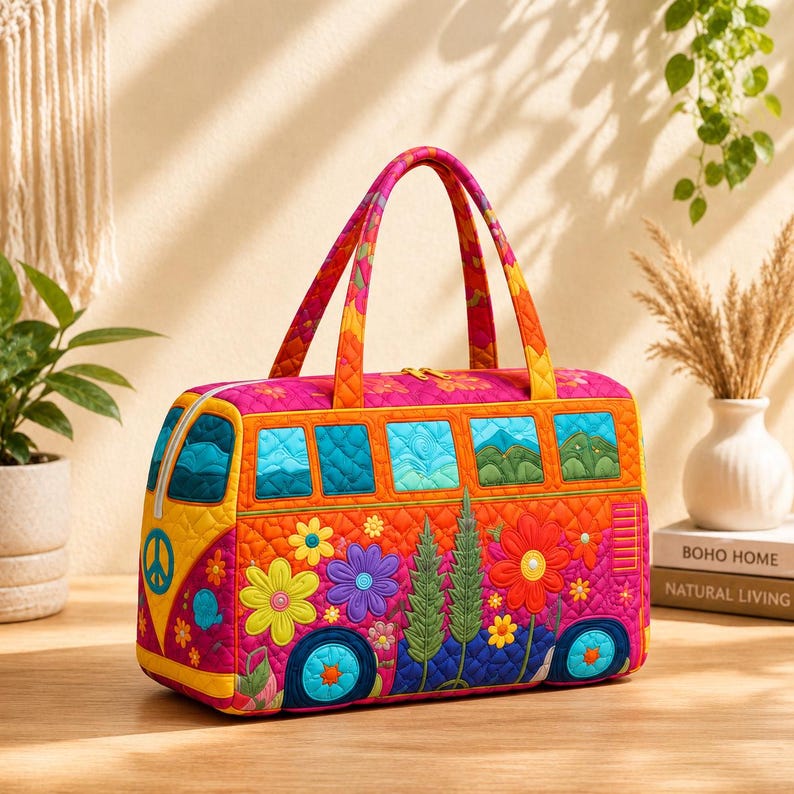 Boho Van Duffel Bag, Personalized Quilted Weekender, Colorful Travel Carryall