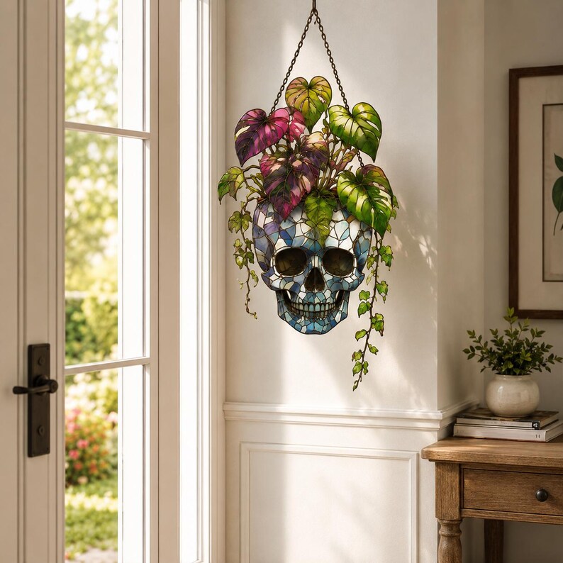 Plant Halloween Decor, Spooky Decor Art, Halloween Suncatcher Ornament, Monstera Ornament, Skull & Monstera Suncatcher