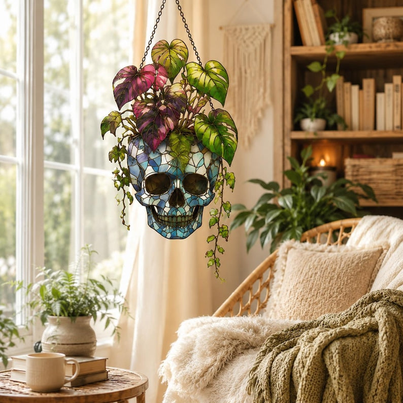 Plant Halloween Decor, Spooky Decor Art, Halloween Suncatcher Ornament, Monstera Ornament, Skull & Monstera Suncatcher