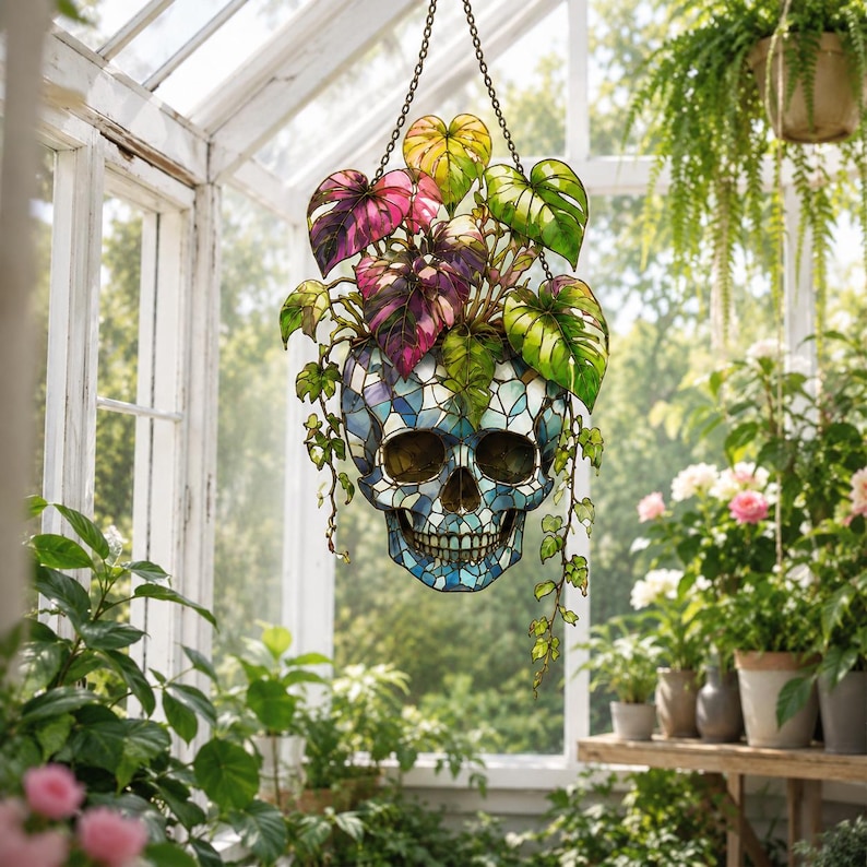 Plant Halloween Decor, Spooky Decor Art, Halloween Suncatcher Ornament, Monstera Ornament, Skull & Monstera Suncatcher