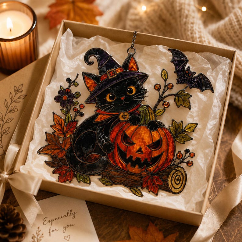Black Cat Acrylic Suncatcher, Halloween Window Hanging, Pumpkin Cat Decor, Witchy Fall Gift For Her