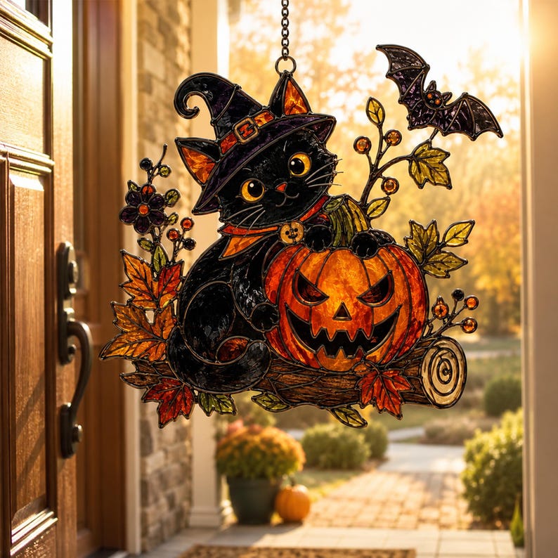 Black Cat Acrylic Suncatcher, Halloween Window Hanging, Pumpkin Cat Decor, Witchy Fall Gift For Her