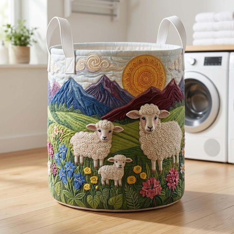 Sheep Heaven Quilted Laundry Basket, Mountain Landscape Fabric Hamper, Sheep Lover Gift