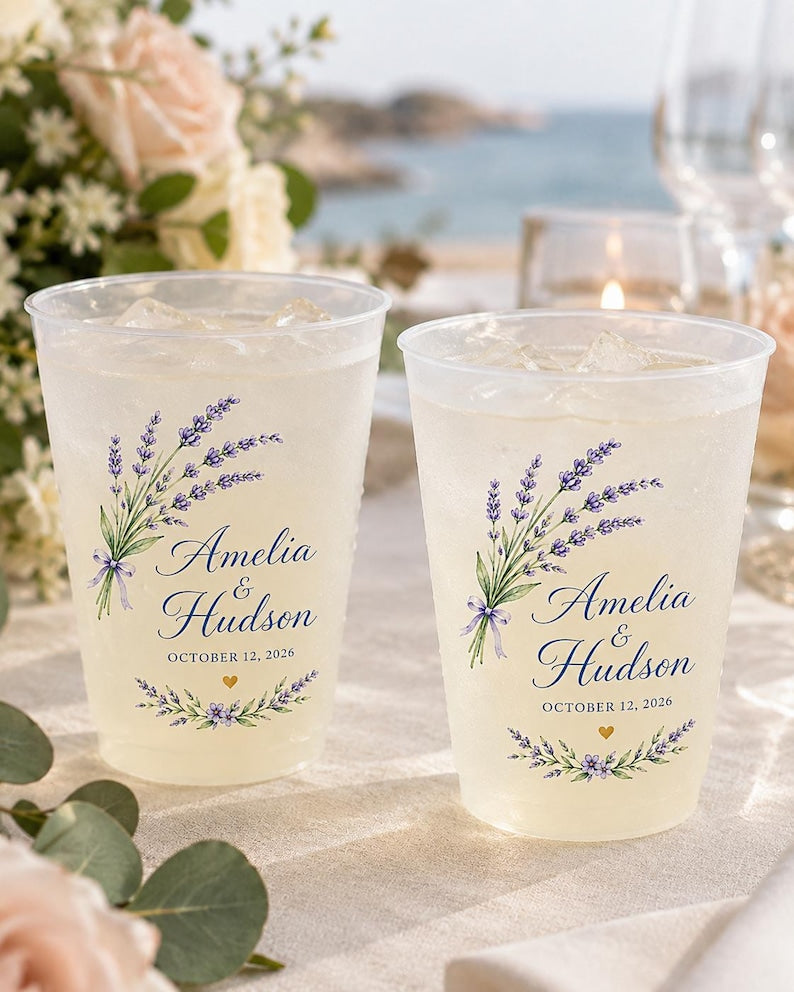 Custom Frosted Cups, Personalized Lavender Wedding Cups, Bride Groom Floral Drinkware