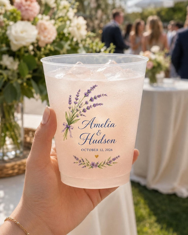 Custom Frosted Cups, Personalized Lavender Wedding Cups, Bride Groom Floral Drinkware