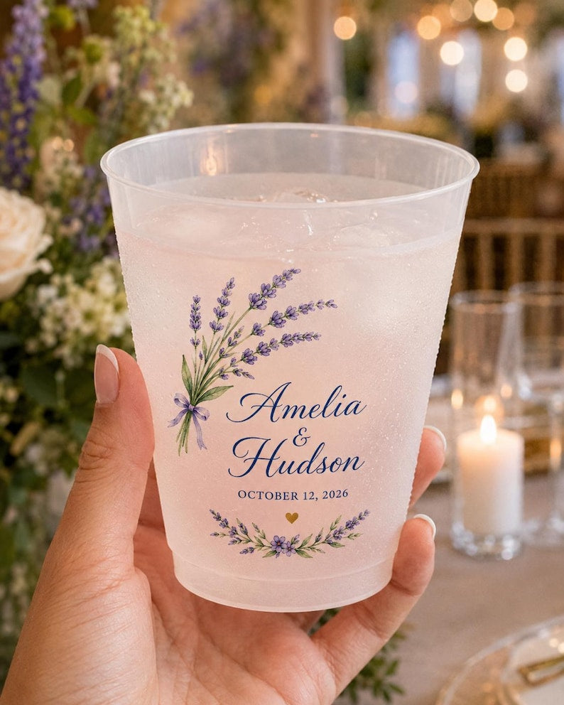 Custom Frosted Cups, Personalized Lavender Wedding Cups, Bride Groom Floral Drinkware