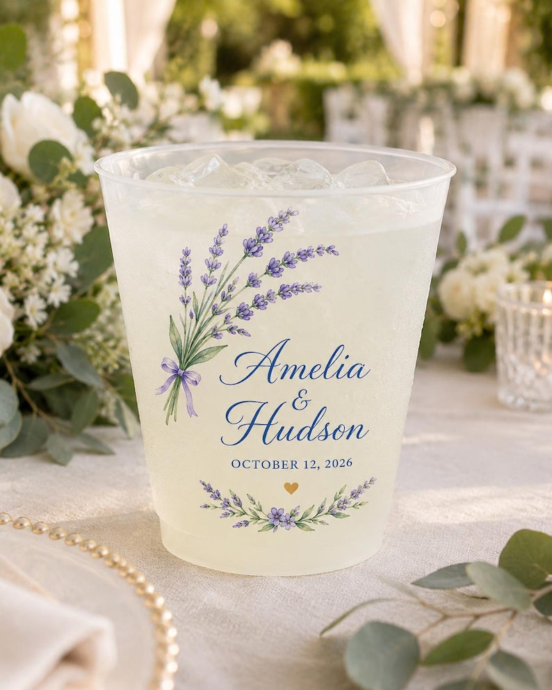 Custom Frosted Cups, Personalized Lavender Wedding Cups, Bride Groom Floral Drinkware