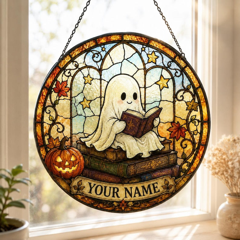 Personalized Halloween Ghost Suncatcher, Custom Name Book Lover Stained Glass Window Hanging