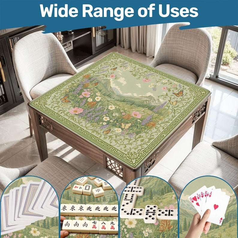 Sage Green Mahjong Mat with Western Mountain Scene