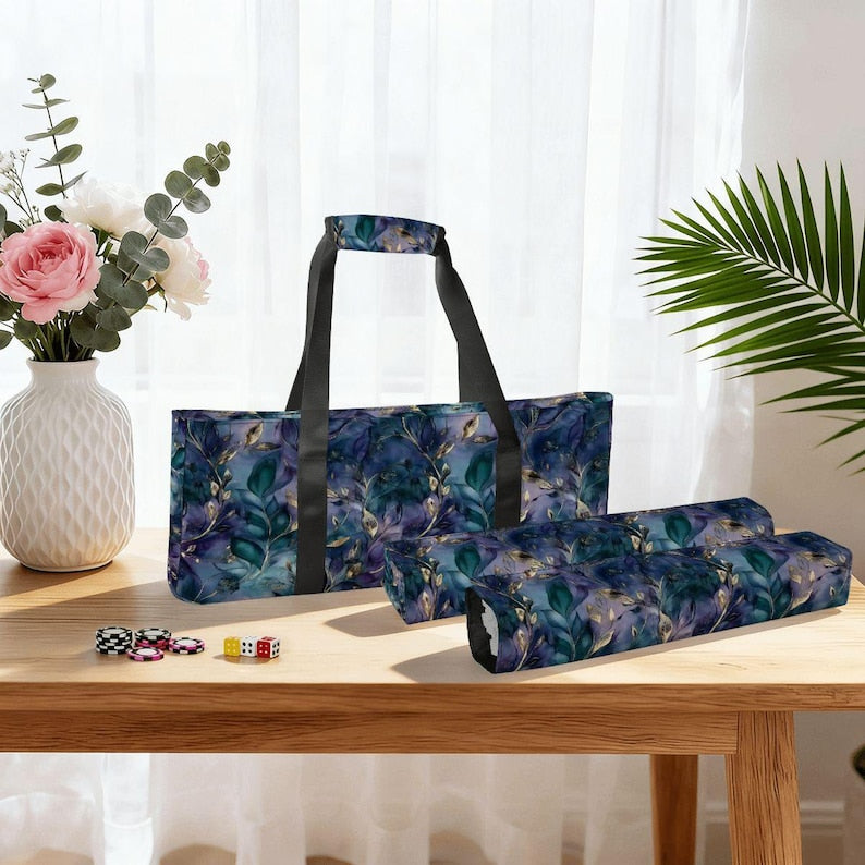 Blue Botanical Mahjong Bag Set, Navy Floral Mahjong Storage Bag, Watercolor Leaf Mahjong Tote, Elegant Mahjong Bag