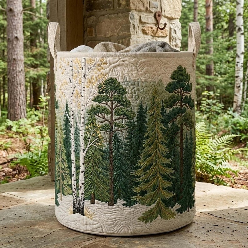 Pine Forest Quilted Laundry Basket, Woodland Nature Hamper, Forest Theme Gifts